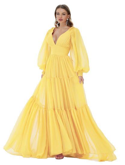 Vestidos de fiesta de corte A, sexys, para fiesta, formales, de noche, con cola larga y escote en V, de gasa con fruncido.