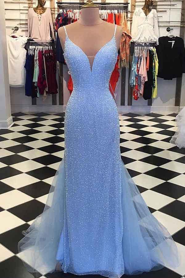 Vestidos de fiesta con espalda descubierta, cuentas y tirantes de sirena