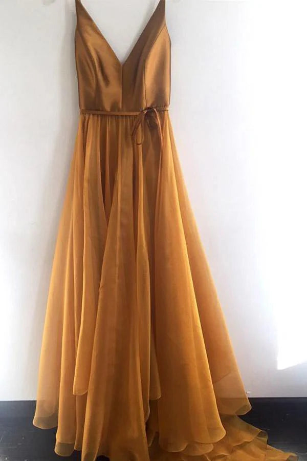 A Line V Neck Spaghetti Strap Formal Long Prom Dresses