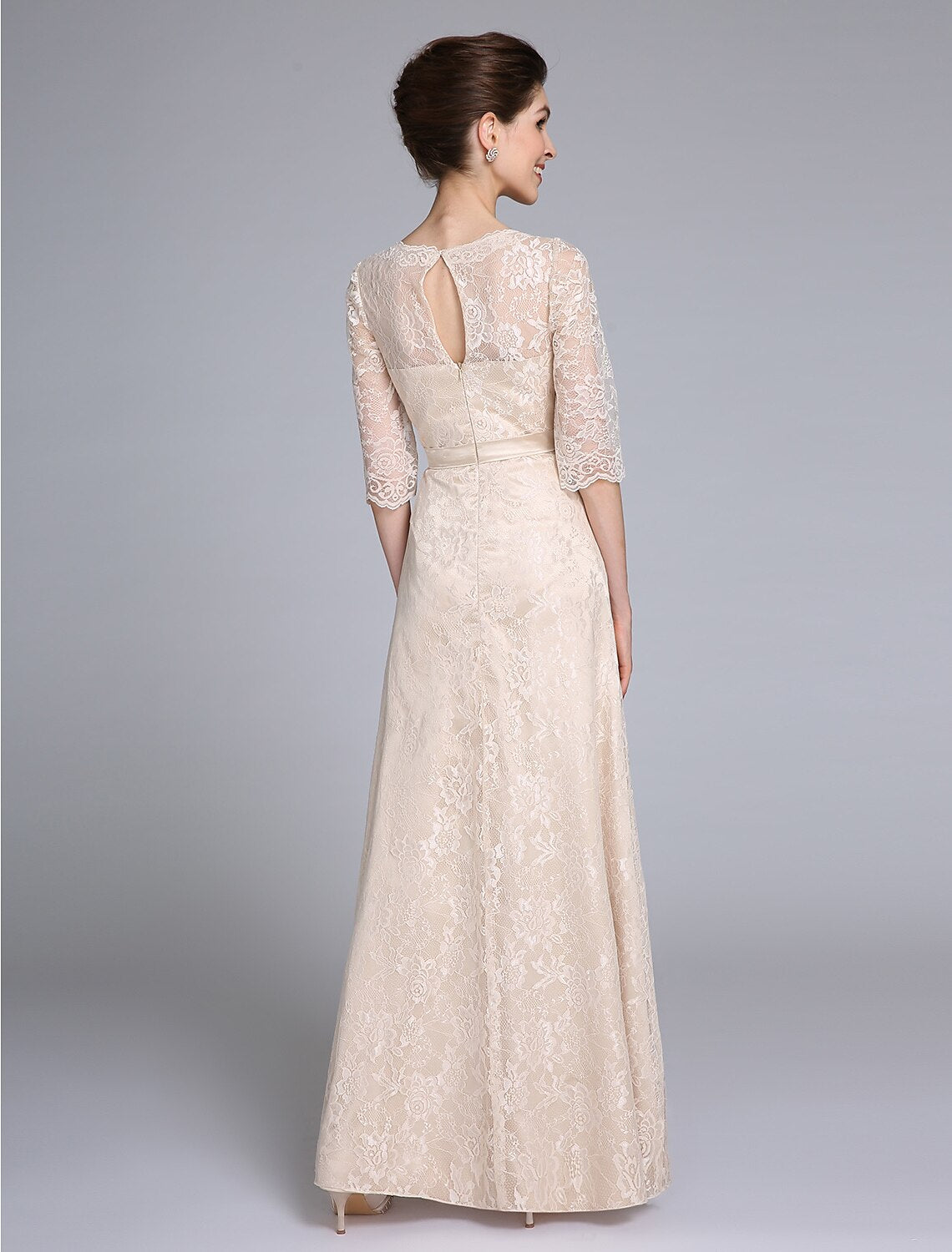 Sheath / Column Mother of the Bride Dress Jewel Neck Floor Length Lace Half Sleeve No with Sash / Ribbon