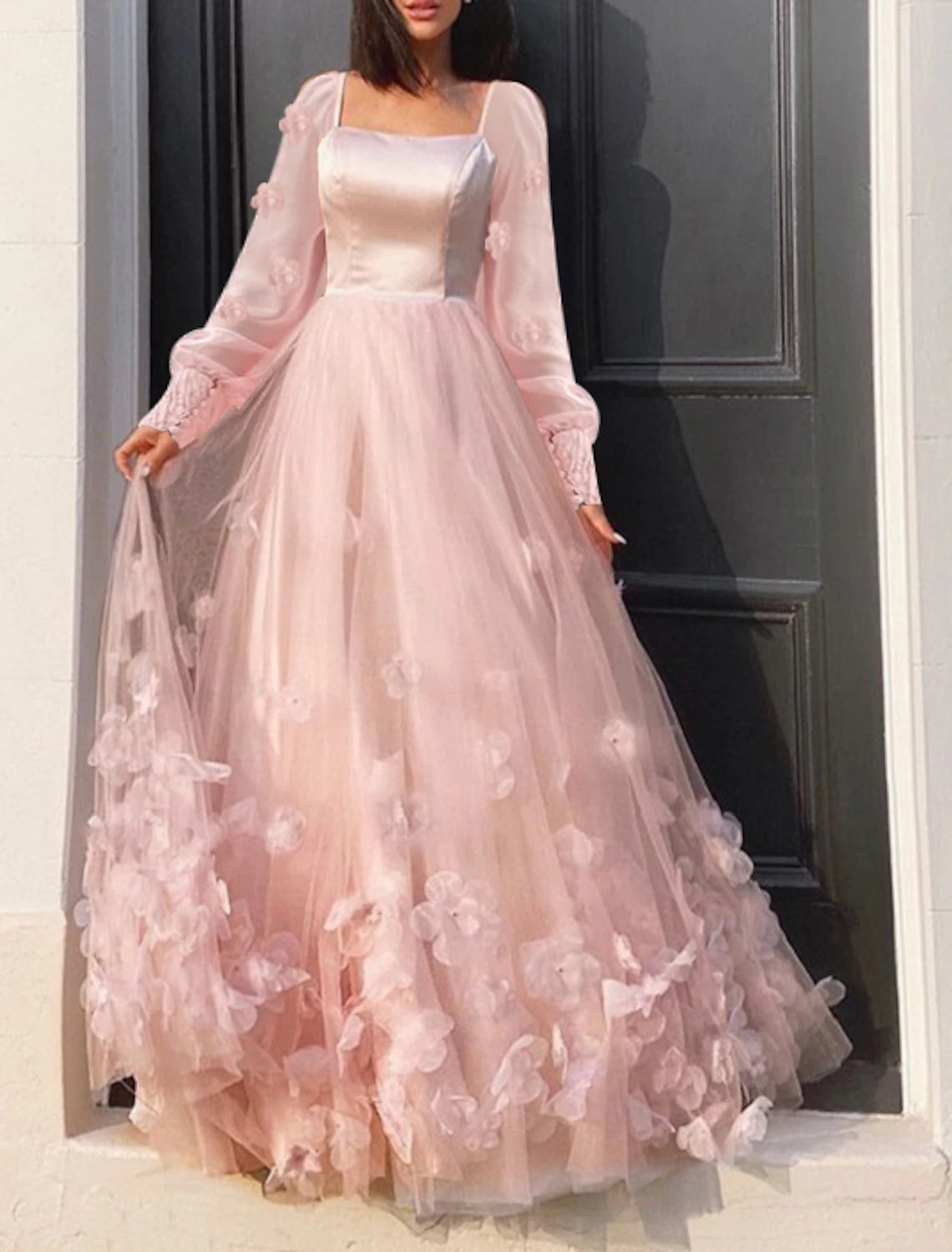Vestido de fiesta de corte A, vestido largo para invitada de boda, dulce 16, largo hasta el suelo, manga larga, escote redondo, tul con apliques de mariposa