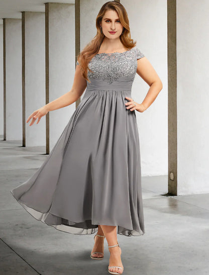 Vestido elegante para madre de la novia, corte A, talla grande, con curvas, para invitada de boda, formal, largo hasta la rodilla, manga corta, cuello joya, gasa con pliegues y apliques fruncidos.