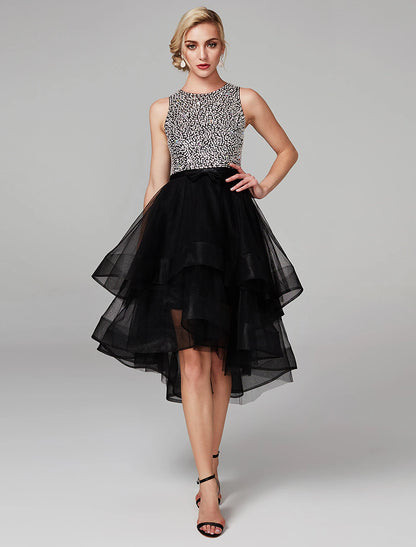 Ball Gown Cocktail Black Dress Vintage Dress Halloween Masquerade Knee Length Sleeveless Jewel Neck The Great Gatsby Satin with Rhinestone Cascading Ruffles