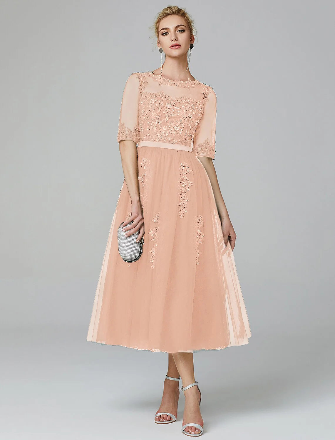 Vestido de cóctel de corte A para Navidad, formal, de noche, Kentucky Derby, largo hasta la rodilla, sin mangas, cuello ilusión, para invitadas de boda de otoño, con encaje sobre tul y apliques de lentejuelas.