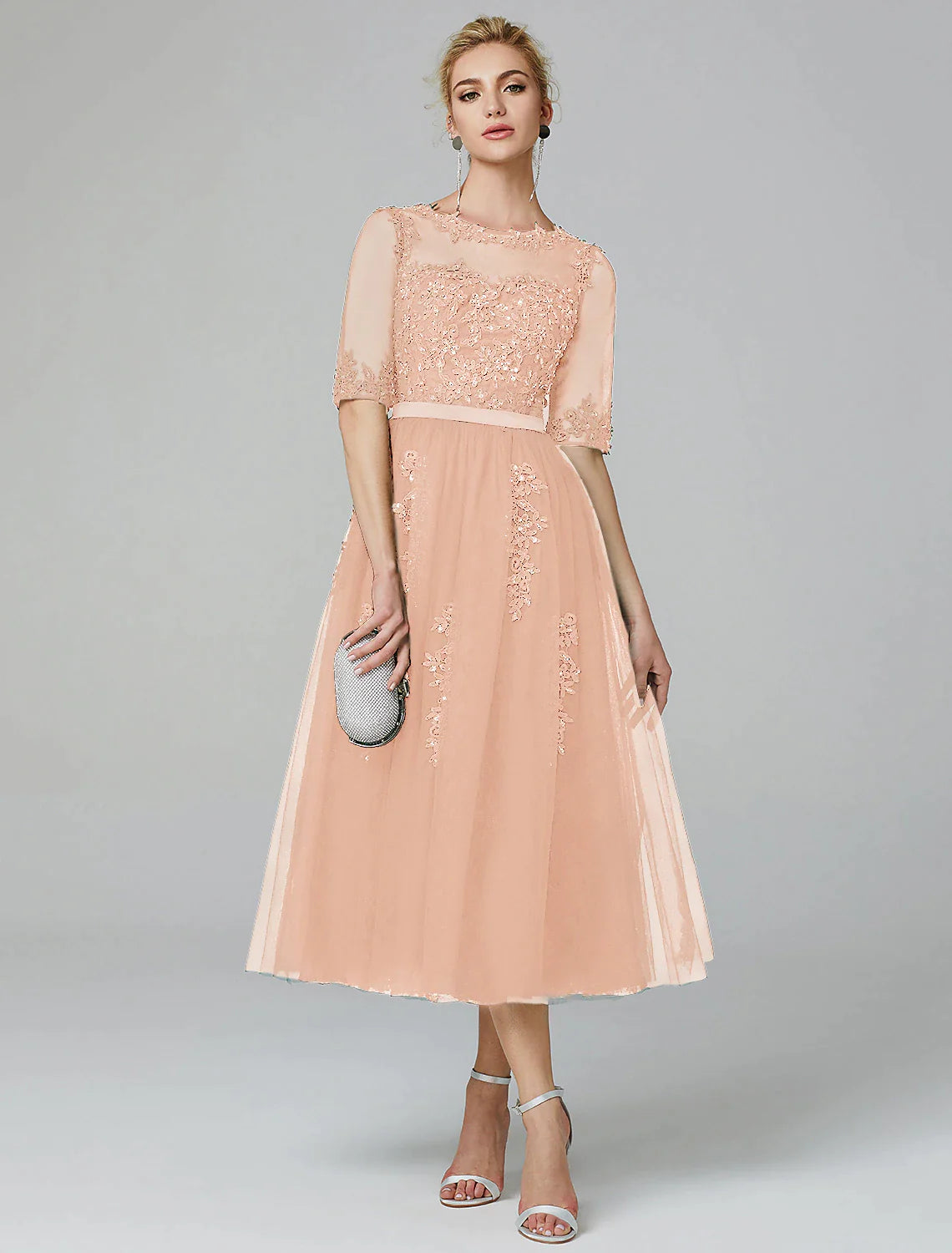 Vestido formal de noche con corte A y brillo, estilo Kentucky Derby, largo hasta la rodilla, sin mangas, cuello ilusión, para invitadas de boda de otoño, con encaje sobre tul y apliques de lentejuelas.