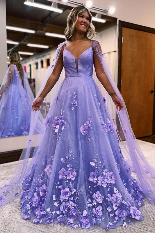 A-Line 3D Floral Lace Prom Dress with Cape Sleeves