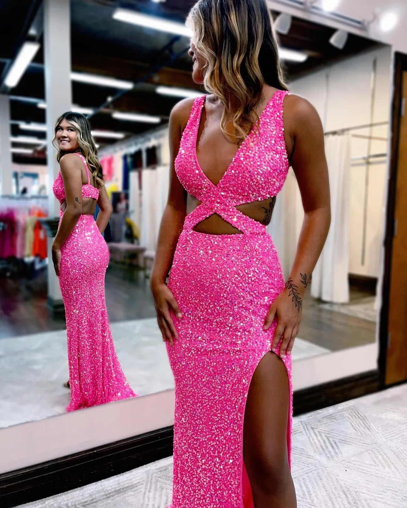 Sequin Front Split Prom Dress