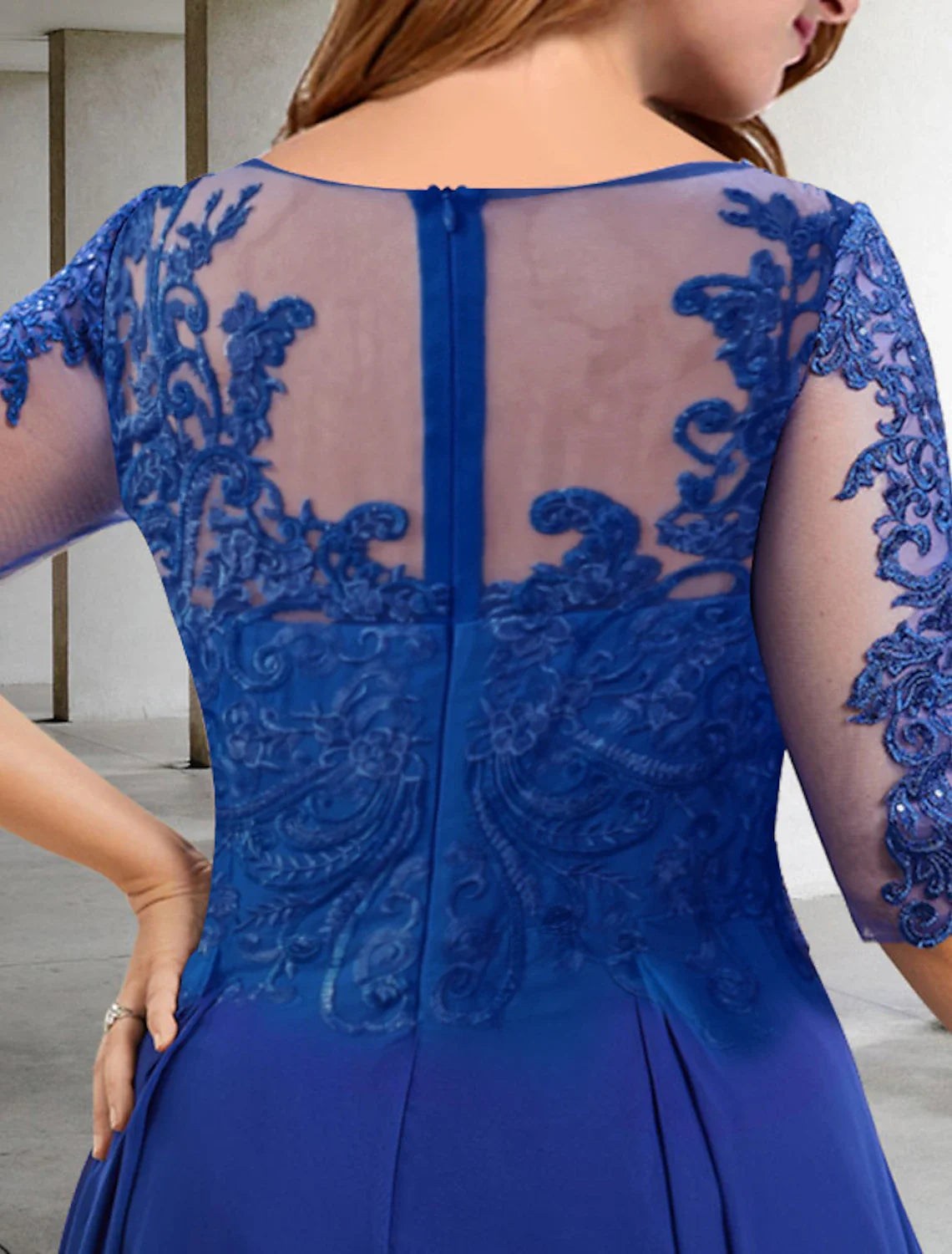 Vestido elegante para madre de la novia, corte A, talla grande, con curvas, para invitada de boda, largo hasta la rodilla, media manga, cuello joya, gasa con pliegues y apliques de lentejuelas