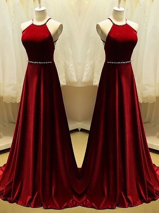 A-Line Halter Sleeveless Sweep/Brush Train With Beading Satin Dresses