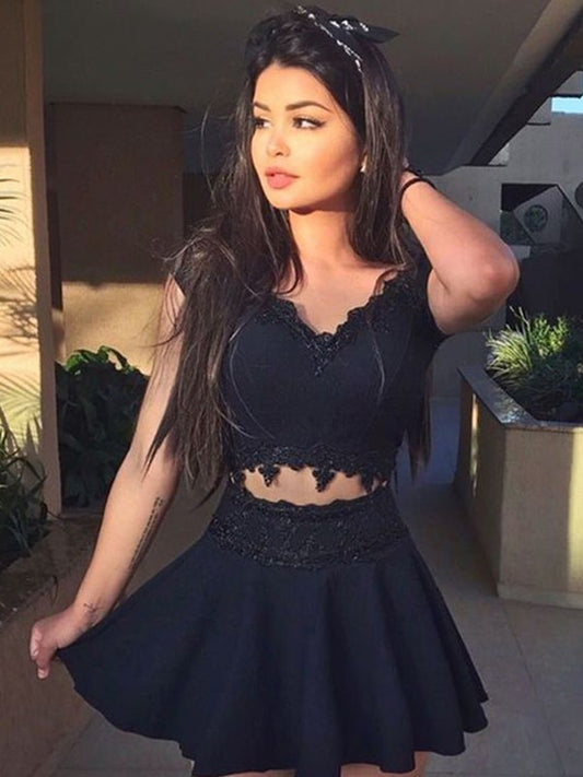 Vestido corto/mini de dos piezas con escote en V, corte princesa, sin mangas, encaje y crepé elástico