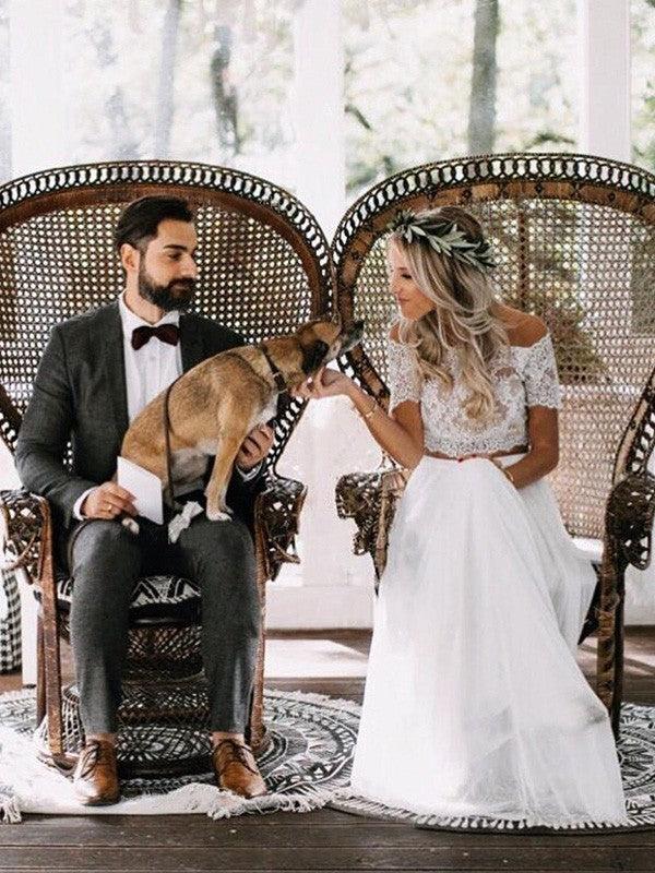 Vestidos de novia de tul con encaje, corte princesa, hombros descubiertos, largo hasta el suelo, mangas 1/2