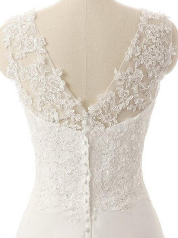 Vestidos de novia de gasa con encaje, corte A/princesa, escote en V, sin mangas, cola larga