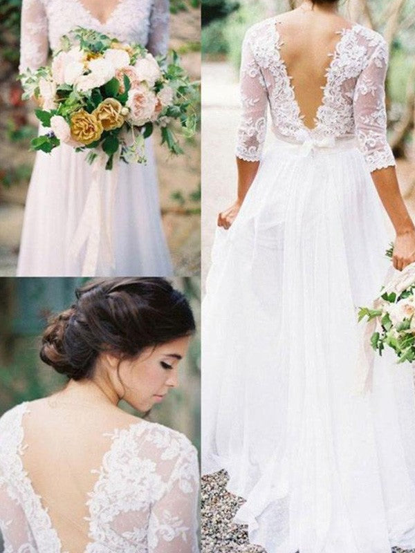Vestido de novia de gasa con encaje, corte princesa, mangas 1/2, escote en V y largo hasta el suelo con apliques