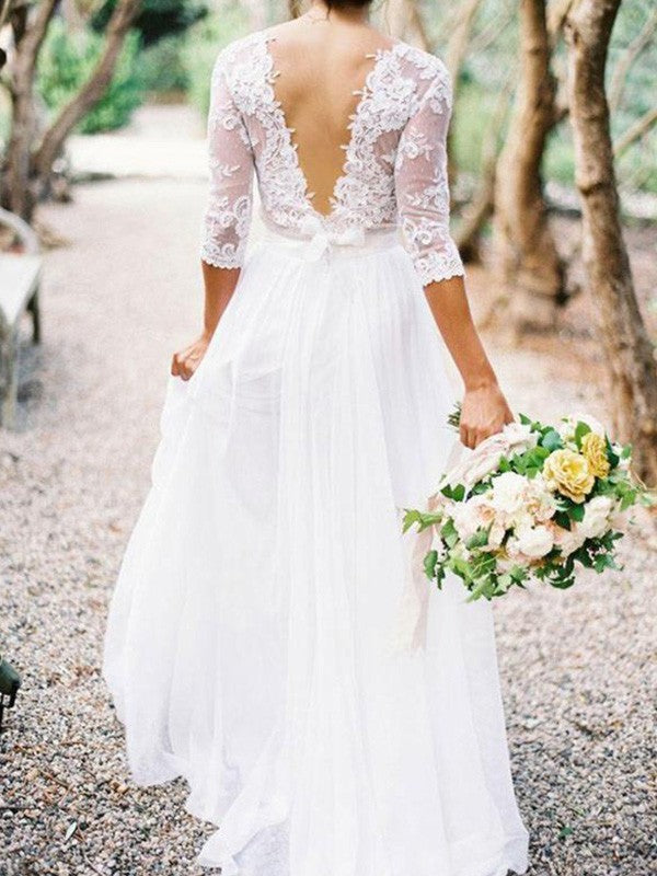 Vestido de novia de gasa con encaje, corte princesa, mangas 1/2, escote en V y largo hasta el suelo con apliques