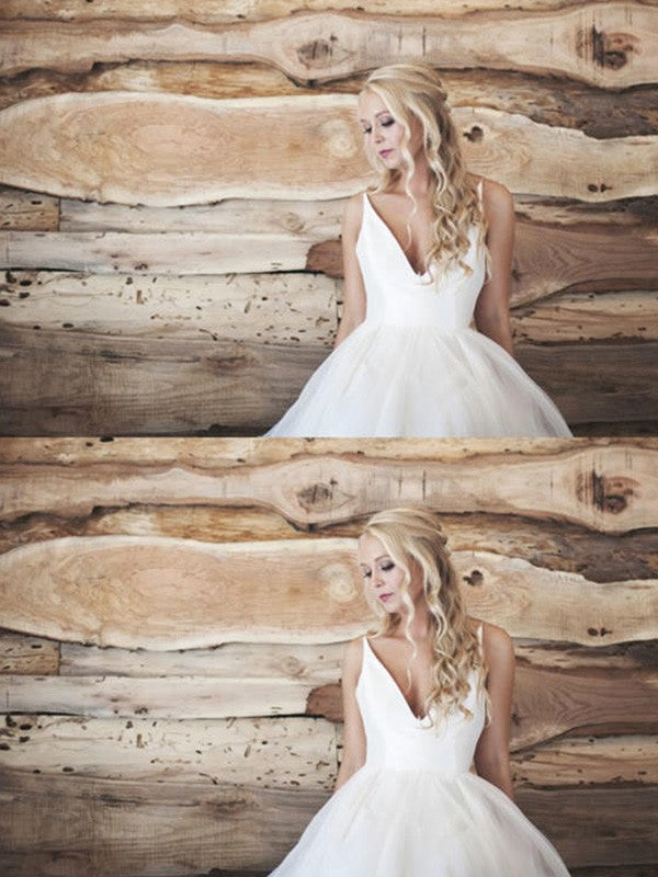 Vestidos de novia de corte A/princesa, sin mangas, escote en V, tirantes finos, cola de corte, encaje y tul