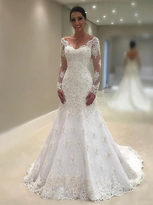 Trumpet/Mermaid Long Sleeves V-neck Court Train Applique Lace Wedding Dresses