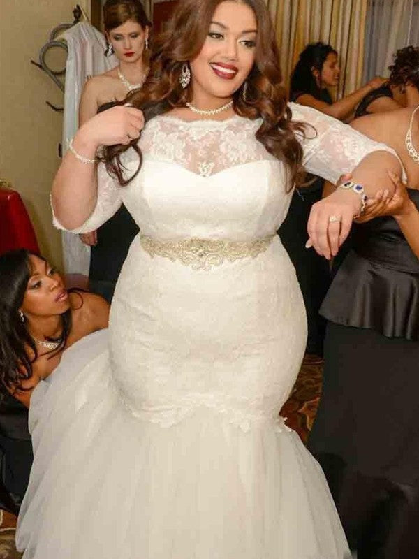 Vestidos de novia de tul con encaje de sirena/trompeta, hombros descubiertos, mangas 1/2 y cola larga