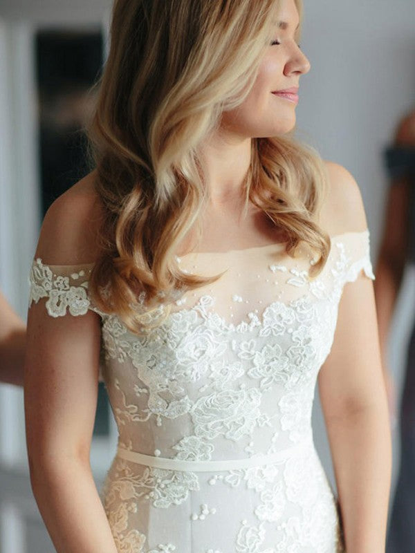 Vestidos de novia con apliques de sirena, encaje, tul, hombros descubiertos, sin mangas y cola de corte trompeta