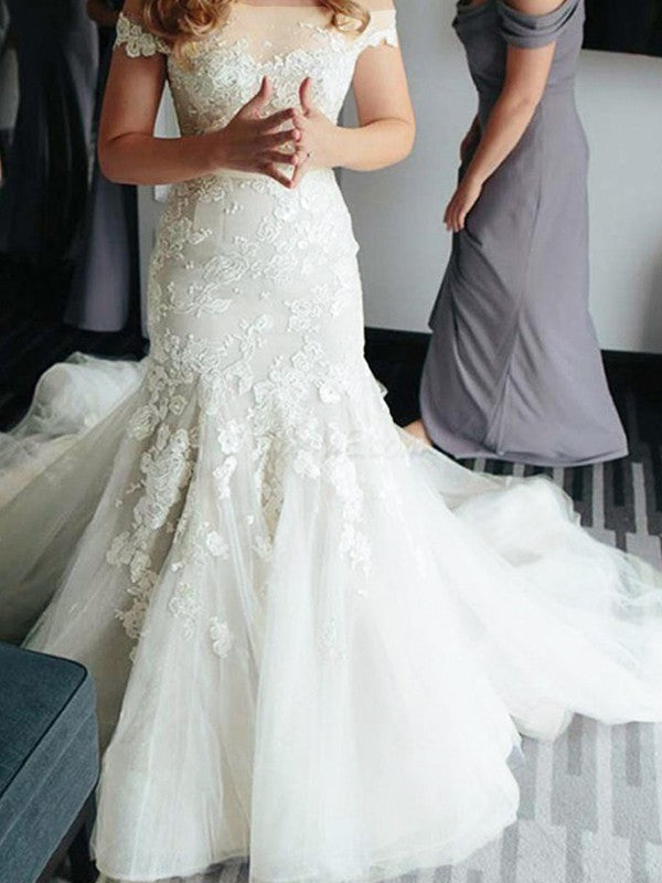 Vestidos de novia con apliques de sirena, encaje, tul, hombros descubiertos, sin mangas y cola de corte trompeta