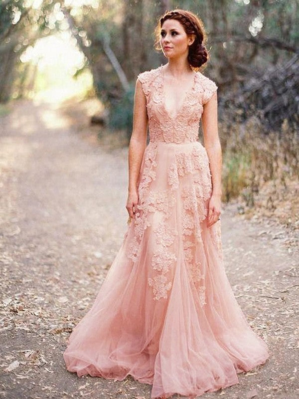 Vestidos de novia de corte A/princesa, con apliques de tul, escote en V, sin mangas y cola larga