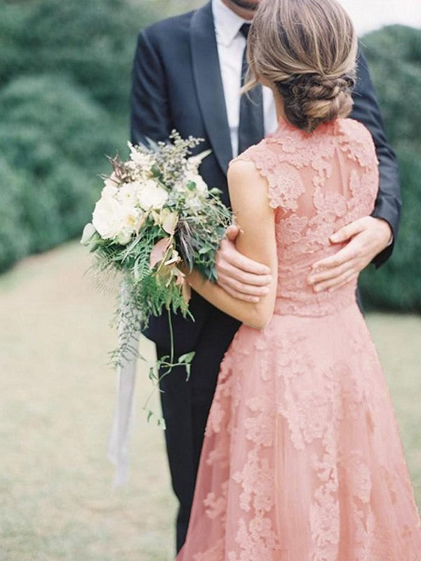 Vestidos de novia de corte A/princesa, con apliques de tul, escote en V, sin mangas y cola larga