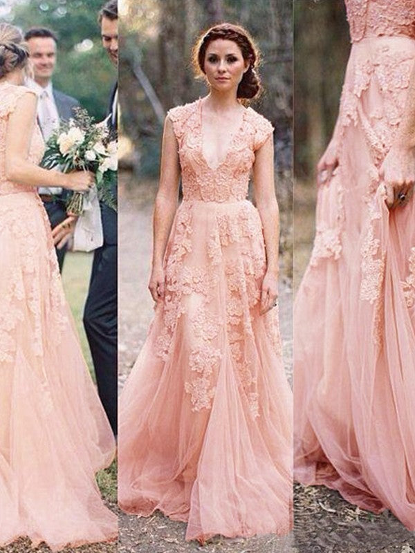Vestidos de novia de corte A/princesa, con apliques de tul, escote en V, sin mangas y cola larga