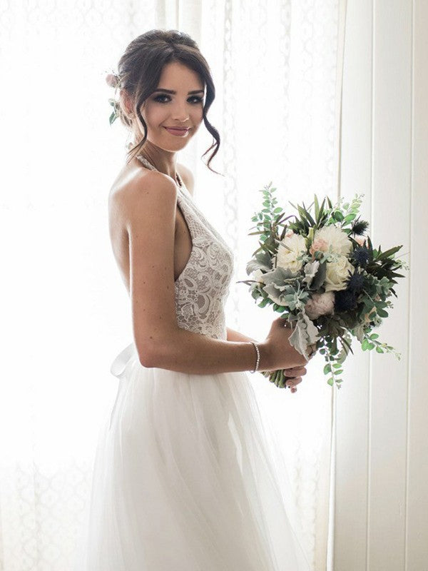 Vestidos de novia de corte A/princesa, de tul, sin mangas, con escote halter y largo hasta el suelo