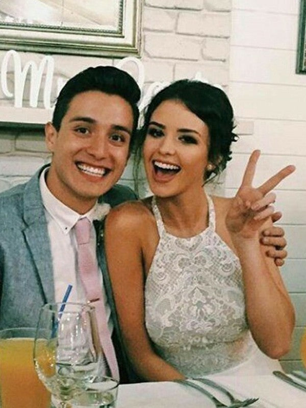 Vestidos de novia de corte A/princesa, de tul, sin mangas, con escote halter y largo hasta el suelo