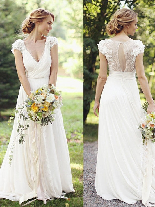 A-Linie/Princess-Linie Chiffon Rüschen V-Ausschnitt Kurze Ärmel Sweep/Pinsel zug Brautkleider