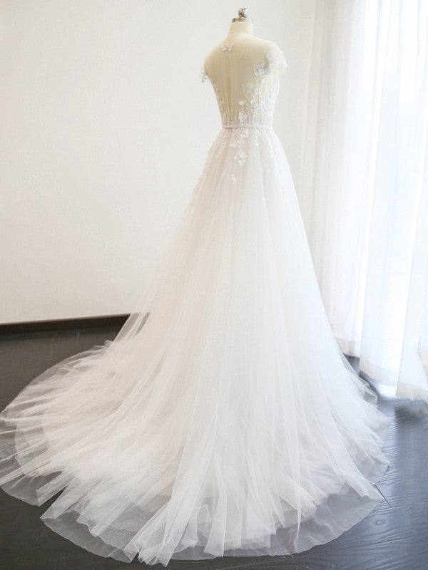 Vestidos de novia de corte A/princesa, escote en V, cola de corte, mangas cortas, apliques de tul