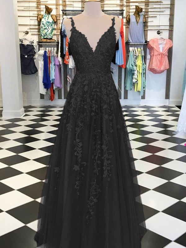 Vestidos de tul con apliques, corte princesa, sin mangas, escote en V y largo hasta el suelo