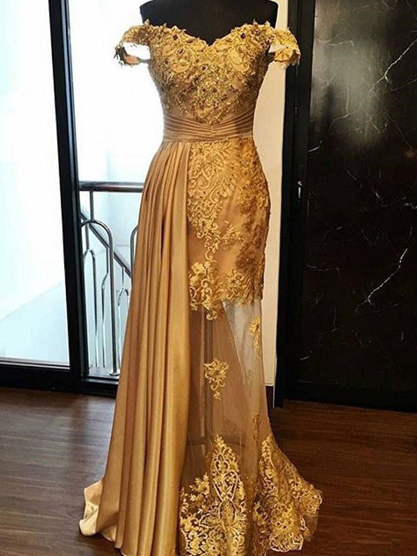 Sheath/Column Sleeveless Off-the-Shoulder Sweep/Brush Train Applique Woven Satin Dresses
