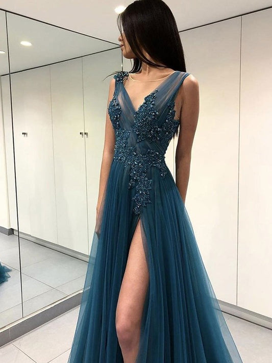 Vestidos de tul con apliques, corte princesa, sin mangas, escote en V y largo hasta el suelo