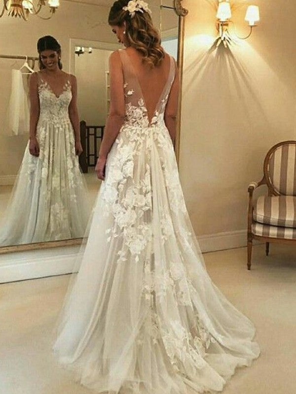 Vestidos de novia de tul con apliques y cola larga, sin mangas, escote en V y corte A/Princesa