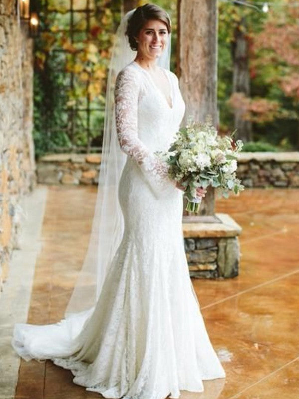 Vestidos de novia de encaje con escote en V, mangas largas, cola larga y volantes