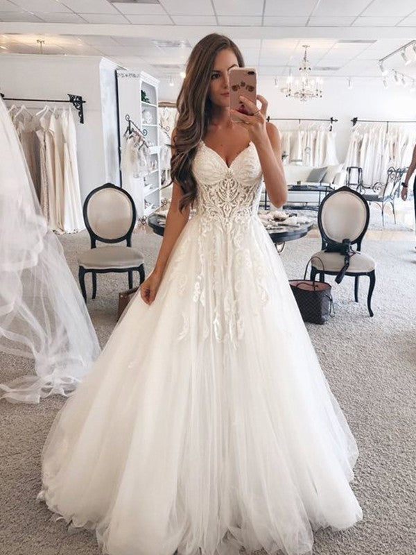 Vestidos de novia de tul con encaje, sin mangas, corte princesa, escote corazón y largo hasta el suelo