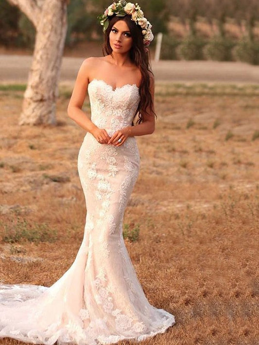 Trumpet/Mermaid Lace Applique Sweetheart Sleeveless Sweep/Brush Train Wedding Dresses