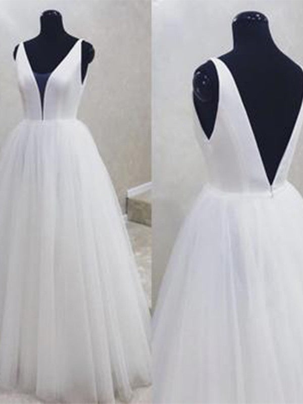 Vestidos de novia de corte A/princesa, de tul, con volantes, escote en V, sin mangas y hasta el suelo
