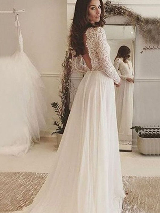 A-Linie/Princess-Linie Chiffon Spitze U-Ausschnitt Lange Ärmel Sweep/Pinsel zug Brautkleider