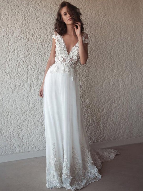 Vestidos de novia de corte A/princesa, con apliques de tul, escote en V, sin mangas y cola larga