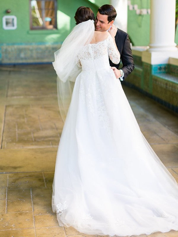 Vestidos de novia de corte A/princesa, con tul, encaje, hombros descubiertos, mangas largas y cola larga