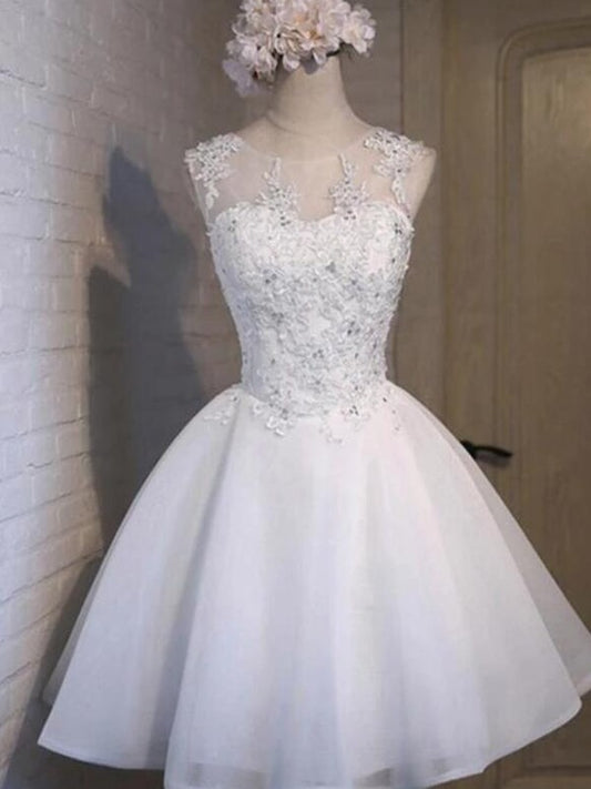 Vestidos de fiesta cortos/mini sin mangas con apliques de tul, corte A/princesa y cuello transparente
