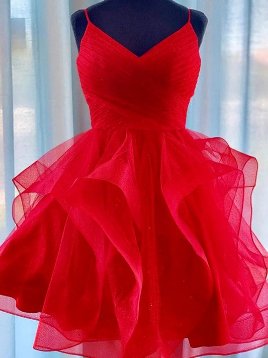 Vestidos de fiesta cortos/mini de corte A/princesa, de tul, con tirantes finos, sin mangas y volantes