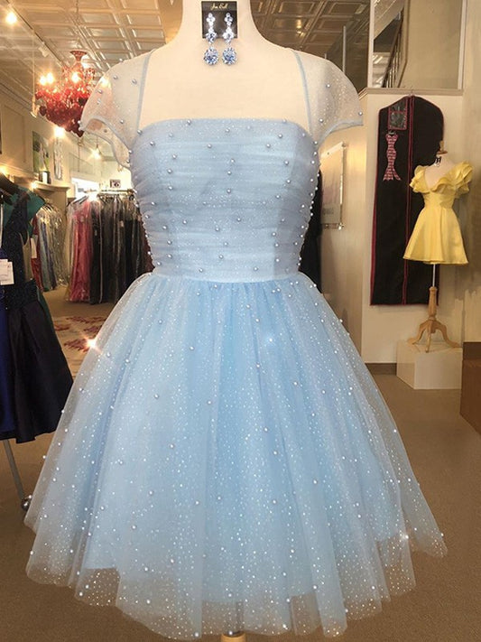 Vestidos de fiesta cortos/mini de tul, corte A/princesa, sin tirantes, mangas cortas y abalorios