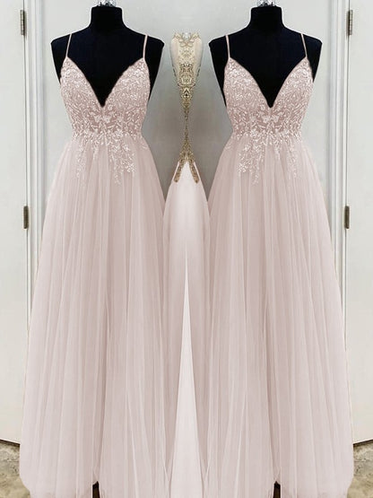 A-Line/Princess Beading Tulle Spaghetti Straps Sleeveless Floor-Length Dresses