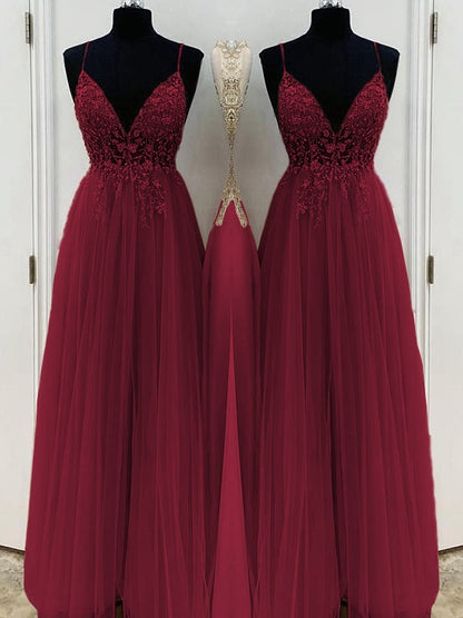 A-Line/Princess Beading Tulle Spaghetti Straps Sleeveless Floor-Length Dresses