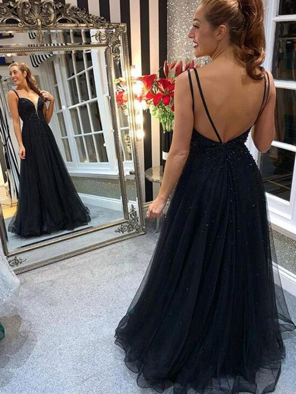 A-Line/Princess Tulle Spaghetti Straps Beading Floor-Length Sleeveless Dresses