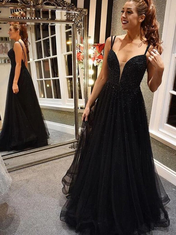 A-Line/Princess Tulle Spaghetti Straps Beading Floor-Length Sleeveless Dresses
