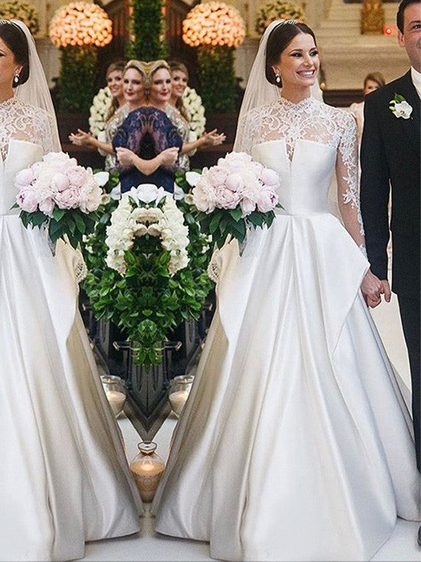 Vestidos de novia de corte A/princesa, de satén, con encaje, cuello alto, mangas largas y largo hasta el suelo