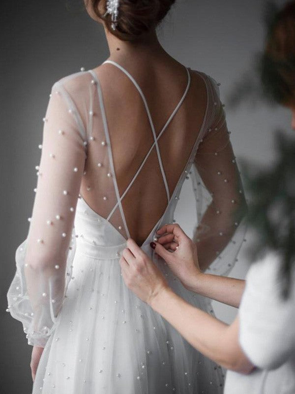 Vestidos de novia de corte A/princesa, de tul, con cuentas, escote redondo, mangas largas y cola larga